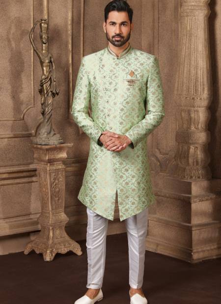 Pista Green Traditional Jacquard Silk Digital Print Party Wear Indo Western Mens Collection 9215